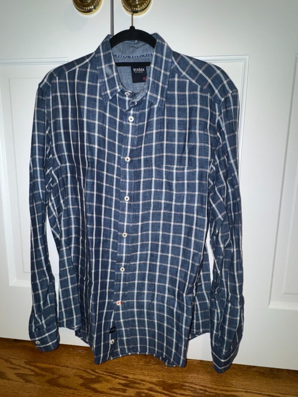 Benson New York Men's Navy Blue Linen Plaid Button Down Shirt Medium